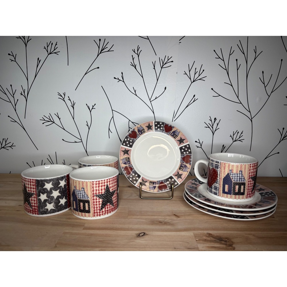 Oneida‎ Majesticware American Quilt Tea Cup and Saucer Set of 4 DC Brown & Co